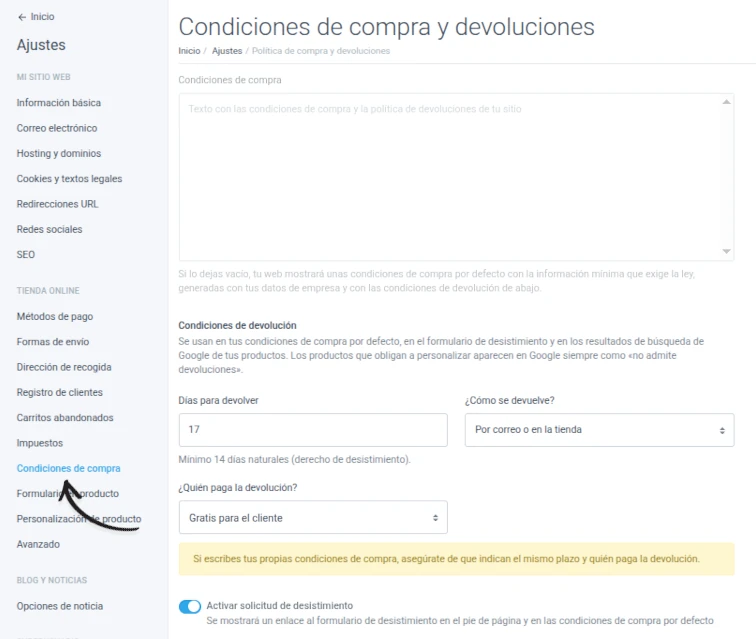 Página Condiciones de compra y devoluciones en Ajustes del panel, con el editor de texto, las condiciones de devolución y la casilla Activar solicitud de desistimiento