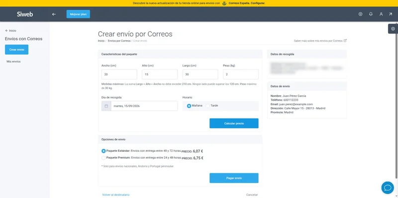 Opciones de envío con Correos mostrando el precio del paquete estándar y premium