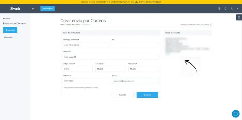 Formulario de datos del destinatario relleno en la creación de un envío con Correos