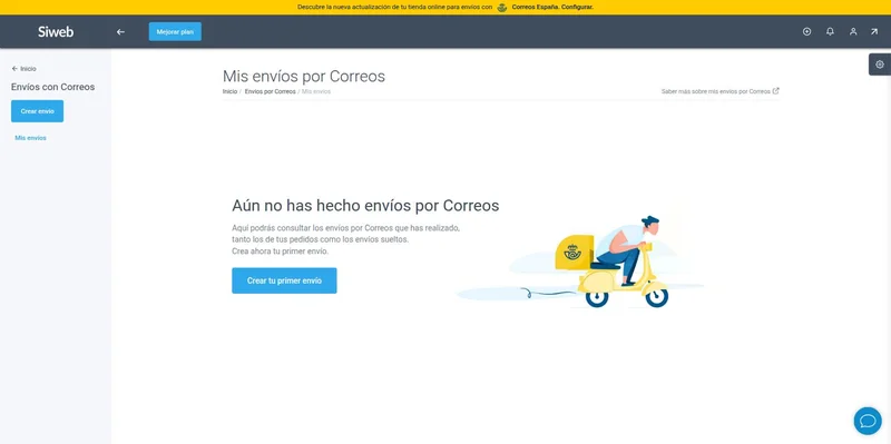 Sección Mis envíos por Correos vacía, con el botón Crear tu primer envío