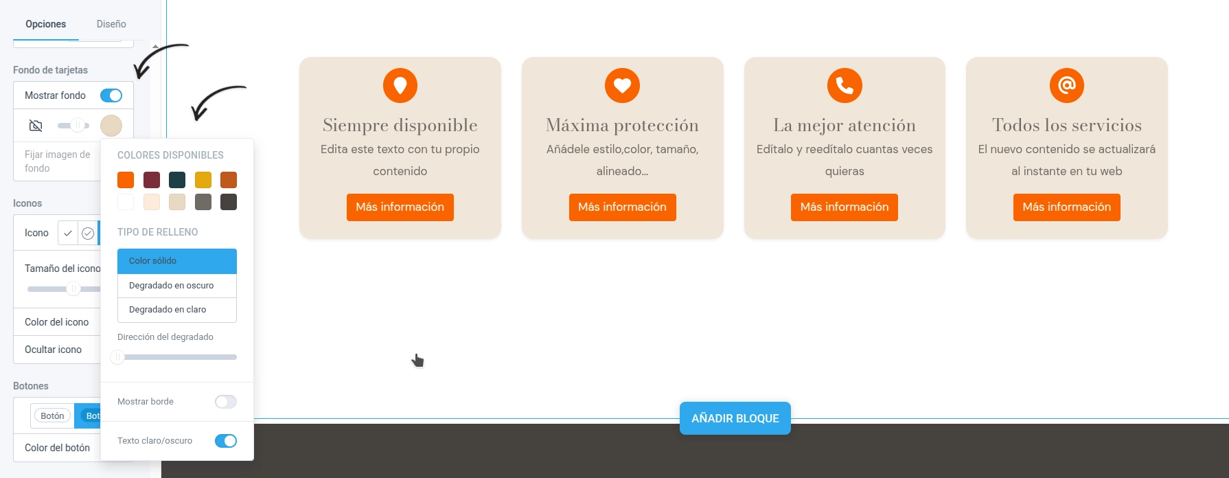 Tarjetas de un bloque con fondo de color y borde a juego activados