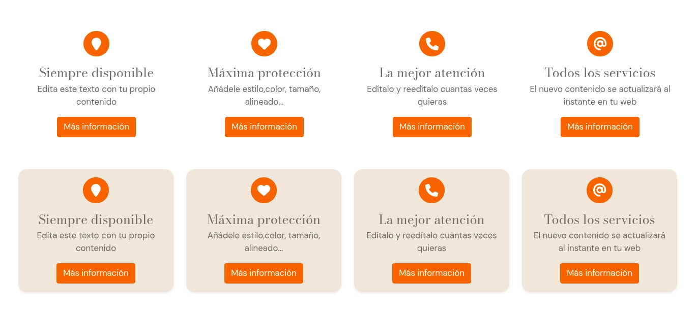 Tarjetas de un bloque sin la opción Fondo de tarjetas activada
