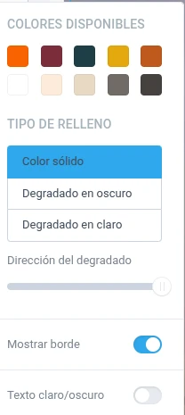 Panel de opciones de color con colores disponibles, tipo de relleno, mostrar borde y texto claro/oscuro