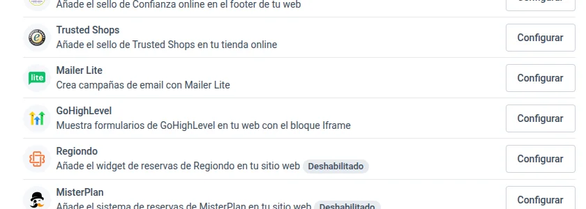 GoHighLevel en la lista de Servicios externos del panel