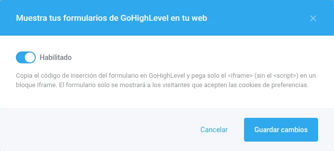 Ventana de configuración de GoHighLevel con el interruptor activado
