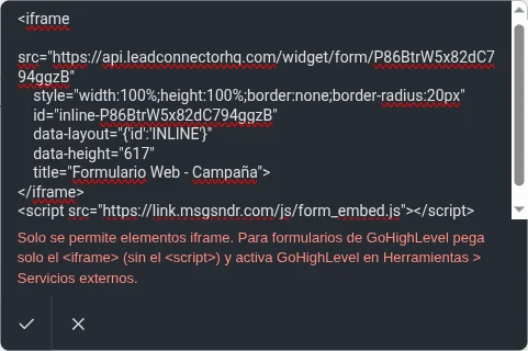 Aviso del bloque código al pegar el código de GoHighLevel con el script