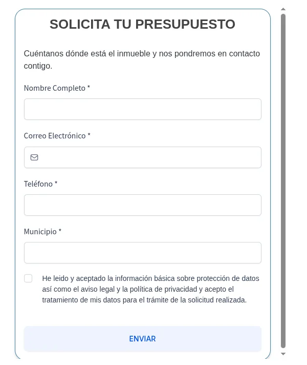 Formulario de GoHighLevel visible en la web tras aceptar las cookies