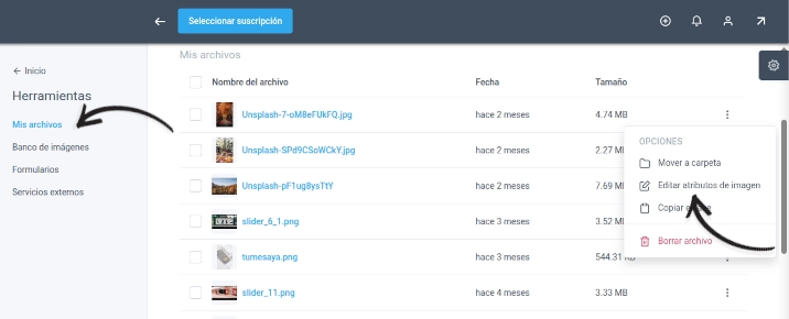 Menú Mis archivos con la opción Editar atributos de imagen