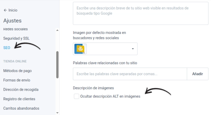 Ajustes SEO con la opción Ocultar descripción ALT en imágenes