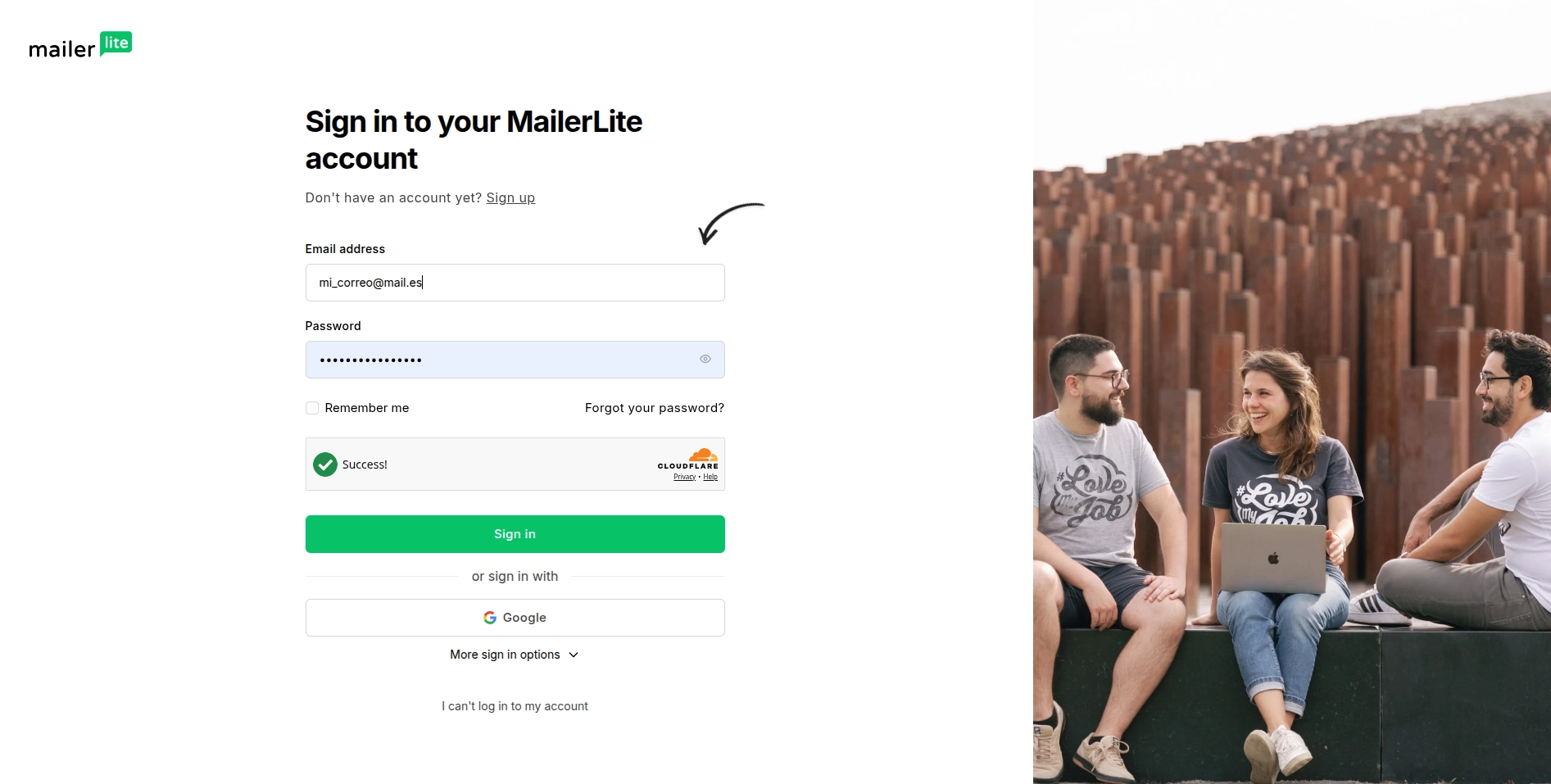 Pantalla de acceso a Mailer Lite