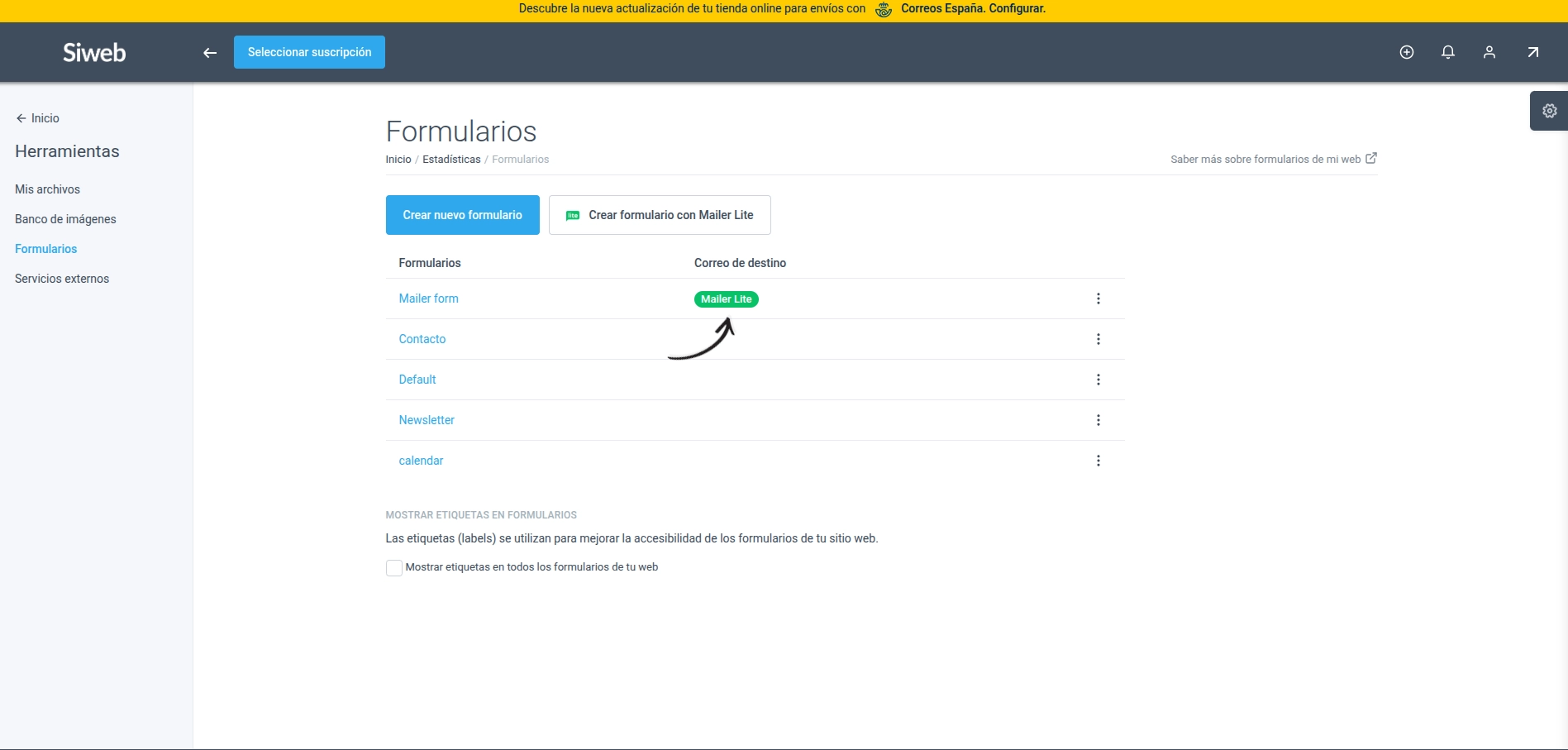 Lista de formularios con el formulario de Mailer Lite creado