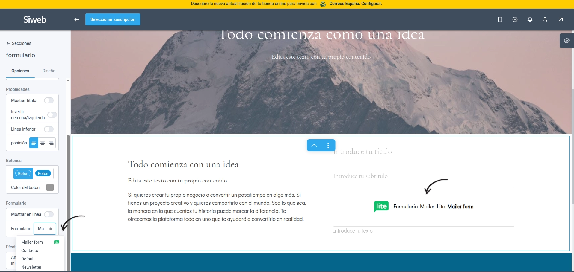 Editor de página con bloque de formulario Mailer Lite seleccionado