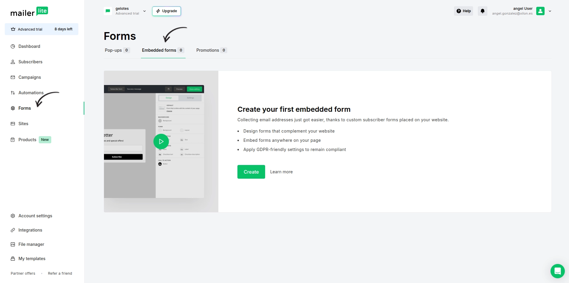 Sección Forms de Mailer Lite con la pestaña Embedded forms