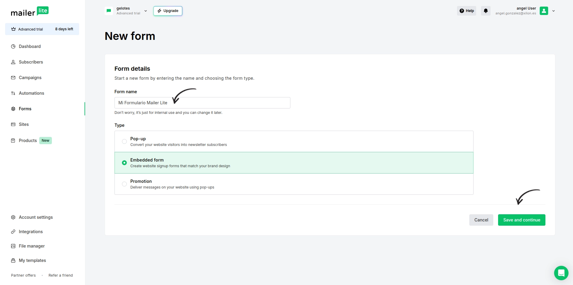 Pantalla de creación de nuevo formulario en Mailer Lite