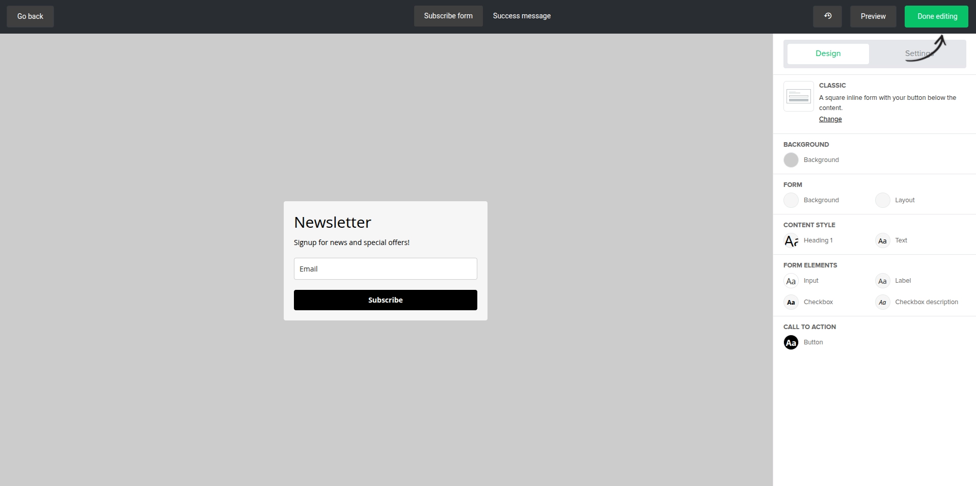 Editor de diseño del formulario en Mailer Lite