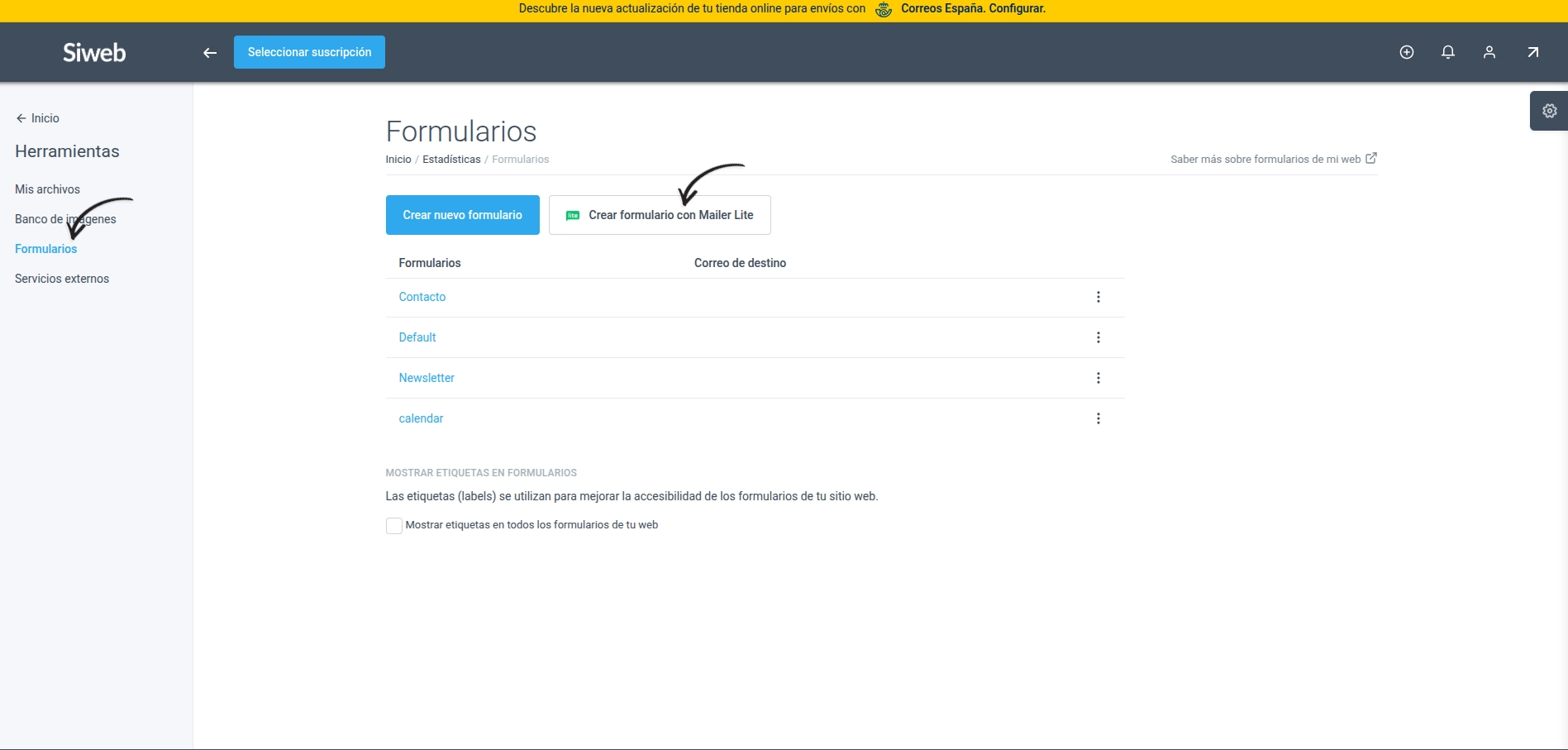 Sección Formularios con el botón Crear formulario con Mailer Lite