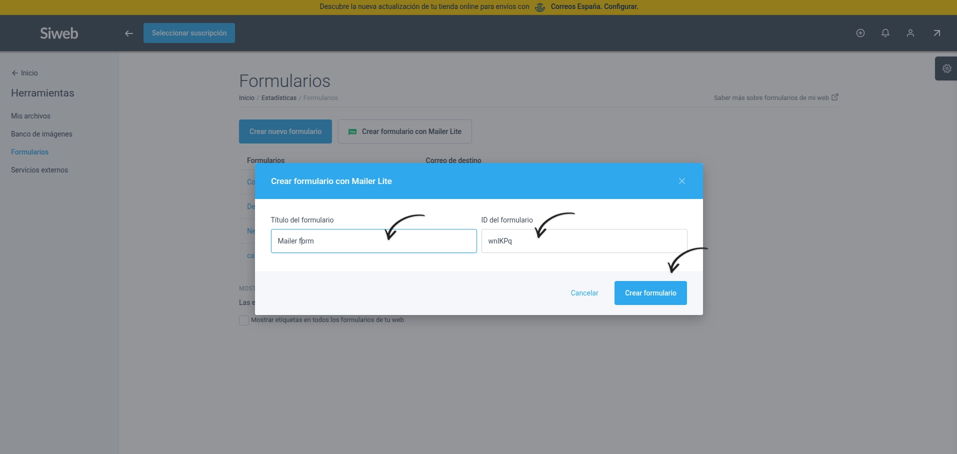 Modal para crear formulario con Mailer Lite en el panel