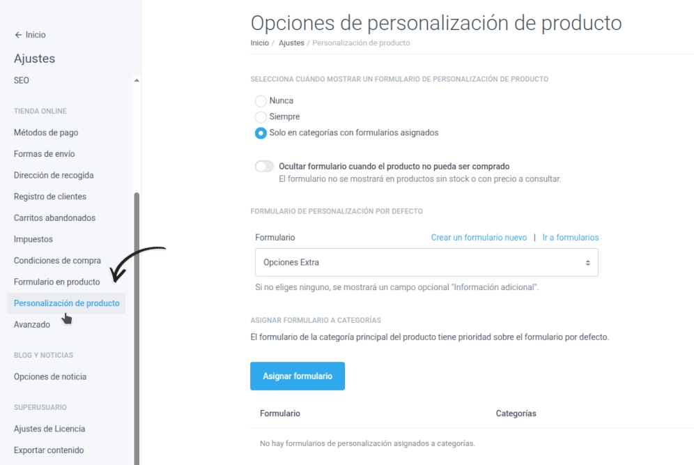 Sección Ajustes > Personalización de producto del panel