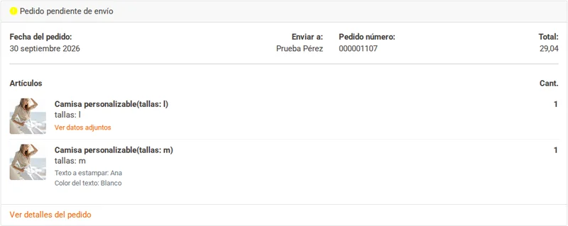 Pedido en el área privada del cliente con los datos de personalización de cada producto