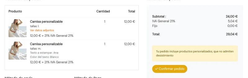 Revisión del pedido con el aviso de productos personalizados sin derecho de desistimiento