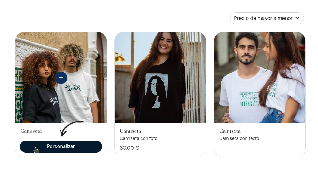 Bloque de productos con el botón Personalizar