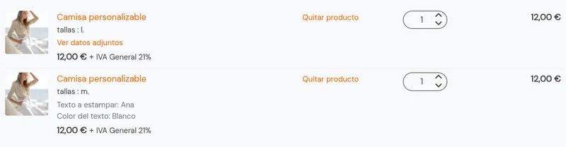 Cesta con dos productos personalizados: uno con el enlace Ver datos adjuntos y otro con los datos en línea