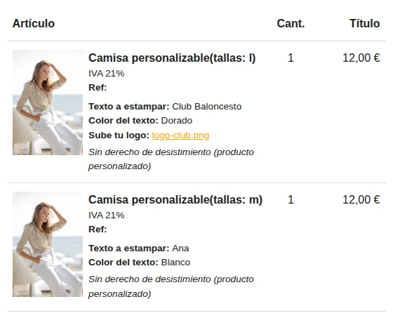 Email de pedido con los datos de personalización de cada producto
