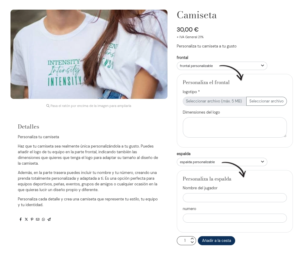 Ficha de una camiseta con un formulario para personalizar el frontal y otro para personalizar la espalda