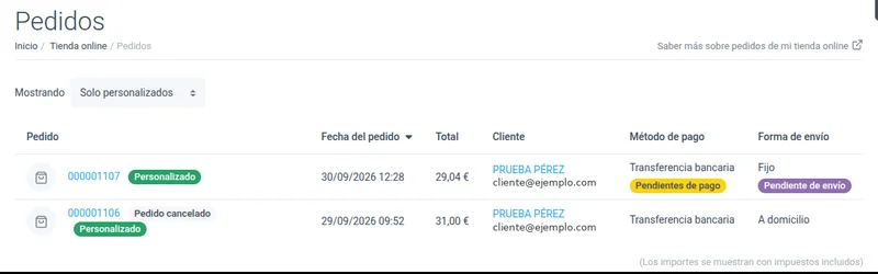 Listado de pedidos del panel filtrado por Solo personalizados, con la etiqueta Personalizado