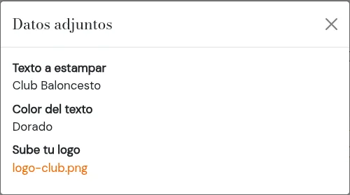 Ventana Datos adjuntos con todos los datos de personalización de un producto