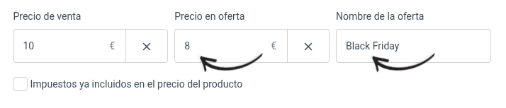Campos de precio de venta, precio en oferta y nombre de la oferta en un producto